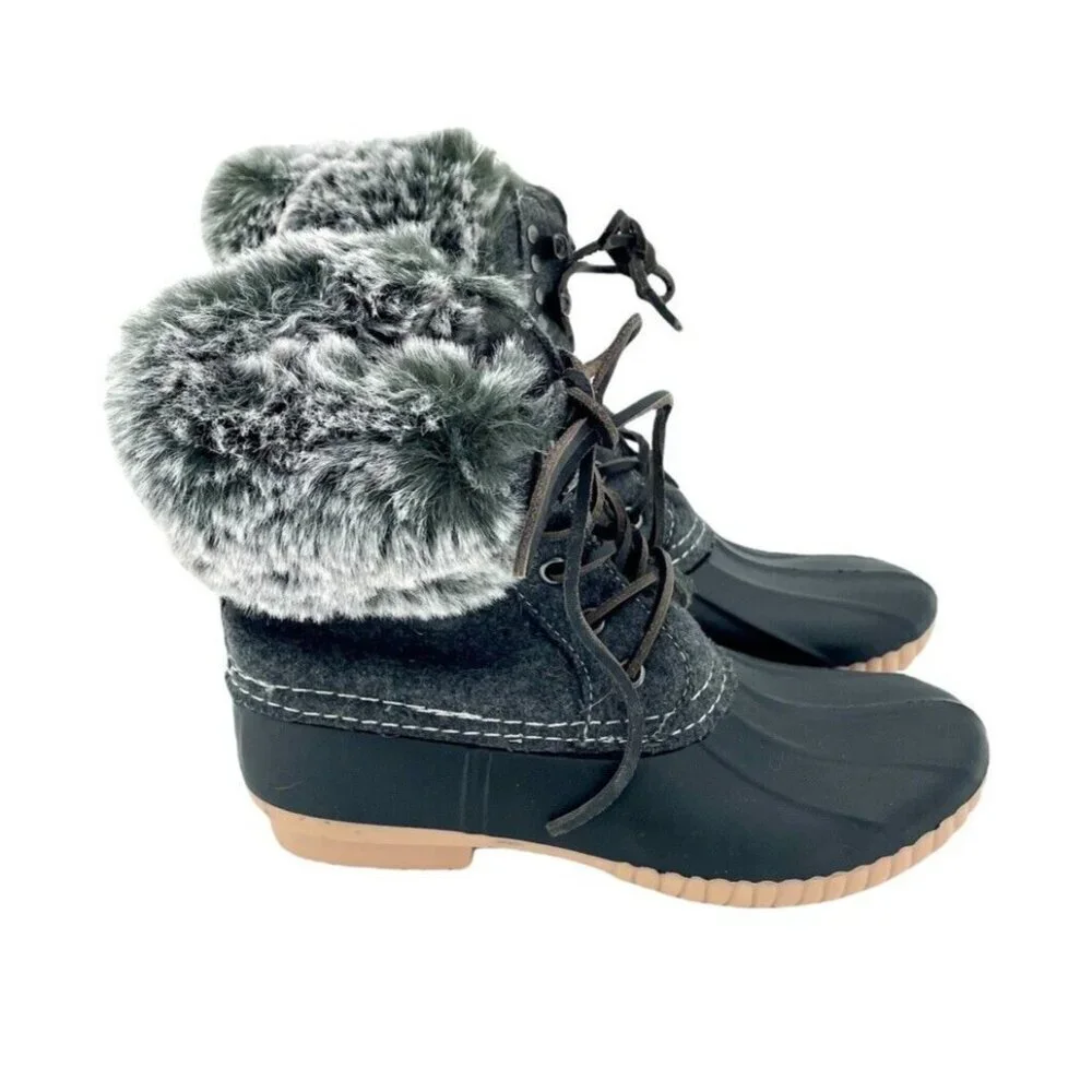 Report Faux Fur Trimmed Tweed Rubber Duck Boots Black Gray SZ 6 NEW